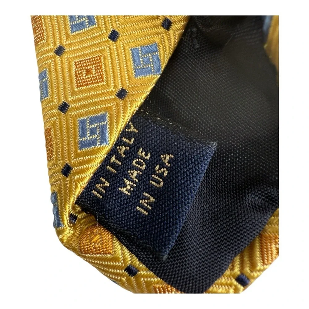 Brooks Brothers Silk Tie Yellow‎ Blue Square Design 3.5